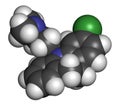 Clomipramine tricyclic antidepressant drug molecule. Used in treatment of depression, obsessive-compulsive disorder, etc. Atoms