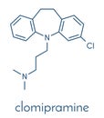 Clomipramine tricyclic antidepressant drug molecule. Used in treatment of depression, obsessive-compulsive disorder, etc. Skeletal