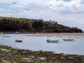 Boats anchored in Clonakilty Bay on a sunny day. Irish seashore at low tide, seaside landscape