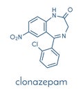 Clonazepam benzodiazepine drug molecule. Used in treatment of seizures, insomnia, anxiety, etc. Skeletal formula. Royalty Free Stock Photo