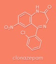 Clonazepam benzodiazepine drug molecule. Used in treatment of seizures, insomnia, anxiety, etc. Skeletal formula.