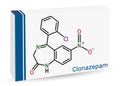 Clonazepam molecule. It is benzodiazepine, anticonvulsant, used to treat panic disorders, severe anxiety, seizures. Skeletal Royalty Free Stock Photo