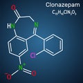Clonazepam molecule. It is benzodiazepine, anticonvulsant, used to treat panic disorders, severe anxiety, seizures. Structural Royalty Free Stock Photo