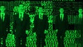Cloned Businessman walking against green data code