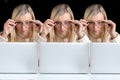 Cloned image, three identical, emotional middle-aged women surprised staring at a computer screen, copy space