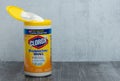 Clorox Disinfecting Wipes Bottle on Wooden Table