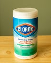 Clorox wipes in a colored plastic container