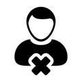 Close account icon vector male user person profile avatar with delete symbol in flat color glyph pictogram