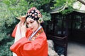 Close Aisa Chinese actress Peking Beijing Opera Costumes Pavilion garden China traditional role drama play dress perform ancient