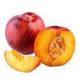 Close appetizing ripe nectarines. Juicy and healthy fruits, isolated on the white background. Delicious fruits, full of vitamins.