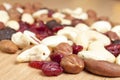 Close bokeh shot of dried fruit a nuts Royalty Free Stock Photo