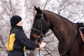 Close bond between person and horse in winter Royalty Free Stock Photo