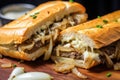 close capture of philly cheesesteak with caramelized onions peeking out