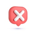 Close, delete button. 3d button on white backdrop. Cross symbol. 3d vector icon. Cartoon minimal style. 3d vector render
