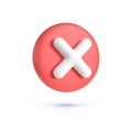 Close, delete button. 3d button on white backdrop. Cross symbol. 3d vector icon. Cartoon minimal style. 3d vector render