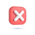 Close, delete button. 3d button on white backdrop. Cross symbol. 3d vector icon. Cartoon minimal style. 3d vector render