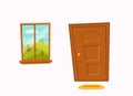 Close door and window cartoon colorful vector illustration with valley summer sun landscape Royalty Free Stock Photo