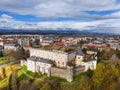 Drone aerial view from south-east of Zvolen castle during autumn with coloured trees