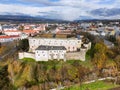 Drone aerial view from south of Zvolen castle during autumn with coloured trees