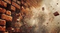 Shattering Red Brick Wall in Dynamic Explosion - Symbolic Image of Breakthrough and Change. Generative Ai Royalty Free Stock Photo