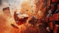 Shattering Red Brick Wall in Dynamic Explosion - Symbolic Image of Breakthrough and Change. Generative Ai