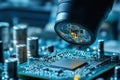 Close examination of a microchip with advanced magnification in a technology workshop Royalty Free Stock Photo