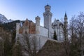 Close exterior view of the famous Neuschwanstein Castle in winter morning