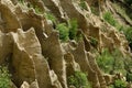 At close of the famous Stob Pyramids with unusual shape red and yellow rock formations, green bushes and trees around