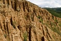 At close of the famous Stob Pyramids with unusual shape red and yellow rock formations, green bushes and trees around