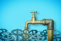 Close the faucet: don`t waste your money - concept image with brassa faucet from which dollars come out