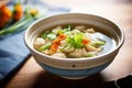 close field of fresh dumplings in a soup with vibrant broth