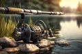 Close fishing reel on the nature background, Generative AI Royalty Free Stock Photo