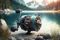 Close fishing reel on the nature background, Generative AI Royalty Free Stock Photo