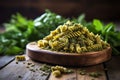 close focus on spelt pasta and pesto against a wooden backdrop