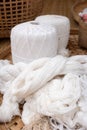 Close focus on white cotton yarn prepared for sewing