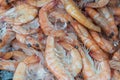 Close fresh shrimps on ice at fishermen market store shop