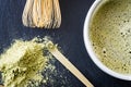 A close of freshly made matcha green tea and tools