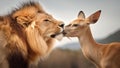 Close friendship of enemies in the wild. The lion is kissing the deer