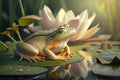 Close frog in summer pond with white water lily. AI Generative Royalty Free Stock Photo