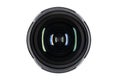 Close front view of a camera lens with reflections