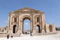 Close front view with tourists of hadrian arch in Jerash