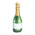 A close green bottle with champagne, a golden wrapper and an empty white label. Watercolor illustration, hand drawn