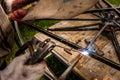 Close hand man arc welding or stick welding iron Royalty Free Stock Photo