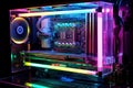 close hi performance custom computer desktop water block cooling installed cpu processor multicolored led neon light show working