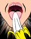 Close illustration of a person with an open mouth eating banana