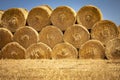 Close image of Large Rolled Hay Bales on yellow weeds on a farm