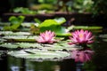 close image of water lily with lily pads in pond