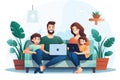 A close-knit family sitting on a comfortable couch, engrossed in using a laptop together, Happy family with kids sit on couch