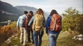 A Close-Knit Group of Friends Setting Off on a Hiking Adventure, Seen from the Back