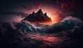 Close Look of Ocean Waves in Dark Sunset Island Landscape Background AI Generative Royalty Free Stock Photo